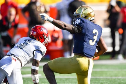 Oct 22, 2022; South Bend, Indiana, USA; Notre Dame Fighting Irish running back Logan Diggs (3) gestures after a first down in the second quarter against the UNLV Rebels at Notre Dame Stadium. Mandatory Credit: Matt Cashore-USA TODAY Sports
