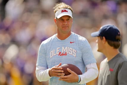 Oct 22, 2022; Baton Rouge, Louisiana, USA;  Mississippi Rebels head coach Lane Kiffin looks on during the pregame against the LSU Tigers at Tiger Stadium. Mandatory Credit: Stephen Lew-USA TODAY Sports