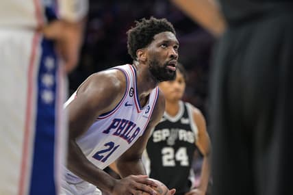Oct 22, 2022; Philadelphia, Pennsylvania, USA; Philadelphia 76ers center Joel Embiid (21) shoots from the foul line during the third quarter of the game against the ]San Antonio Spurs at Wells Fargo Center. San Antonio won 114-105. Mandatory Credit: John Geliebter-USA TODAY Sports