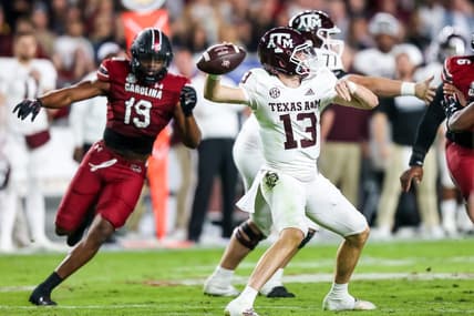 Oct 22, 2022; Columbia, South Carolina, USA; Texas A&M Aggies quarterback Haynes King (13) passes against the South Carolina Gamecocks in the second quarter at Williams-Brice Stadium. Mandatory Credit: Jeff Blake-USA TODAY Sports