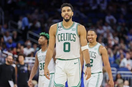 Oct 22, 2022; Orlando, Florida, USA;  Boston Celtics forward Jayson Tatum (0) looks on against the Orlando Magic in the fourth quarter at Amway Center. Mandatory Credit: Nathan Ray Seebeck-USA TODAY Sports