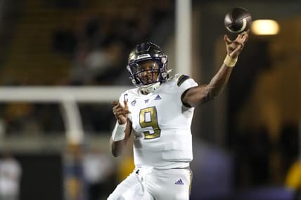 Oct 22, 2022; Berkeley, California, USA; Washington Huskies quarterback Michael Penix Jr. (9) throws a pass against the California Golden Bears during the first quarter at FTX Field at California Memorial Stadium. Mandatory Credit: Darren Yamashita-USA TODAY Sports