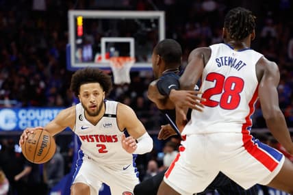 Oct 19, 2022; Detroit, Michigan, USA;  Detroit Pistons guard Cade Cunningham (2) dribbles against the Orlando Magic at Little Caesars Arena. Mandatory Credit: Rick Osentoski-USA TODAY Sports