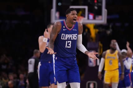 Oct 20, 2022; Los Angeles, California, USA; LA Clippers guard Paul George (13) reacts in the second half against the Los Angeles Lakers at Crypto.com Arena. The Clippers defeated the Lakers 103-97. Mandatory Credit: Kirby Lee-USA TODAY Sports