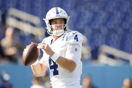 Oct 23, 2022; Nashville, Tennessee, USA; Indianapolis Colts quarterback Sam Ehlinger (4) warms up as the team gets ready to face the Tennessee Titans at Nissan Stadium Sunday, Oct. 23, 2022, in Nashville, Tenn.   Mandatory Credit: George Walker IV-USA TODAY Sports