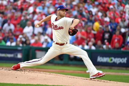 Oct 23, 2022; Philadelphia, Pennsylvania, USA; Philadelphia Phillies starting pitcher Zack Wheeler (45) pitches in the first inning during game five of the NLCS against the San Diego Padres for the 2022 MLB Playoffs at Citizens Bank Park. Mandatory Credit: Eric Hartline-USA TODAY Sports