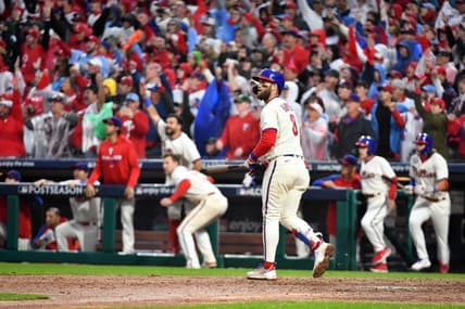 Oct 23, 2022; Philadelphia, Pennsylvania, USA; Philadelphia Phillies designated hitter Bryce Harper (3) hits a two-run home run in the eighth inning during game five of the NLCS against the San Diego Padres for the 2022 MLB Playoffs at Citizens Bank Park. Mandatory Credit: Eric Hartline-USA TODAY Sports