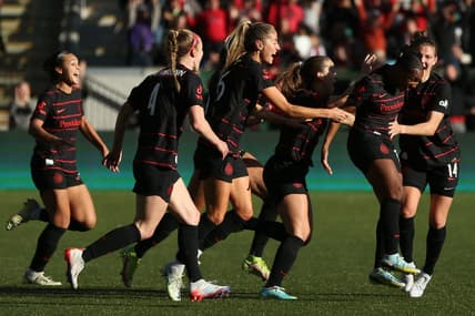 Oct 23, 2022; Portland, Oregon, USA; The Portland Thorns FC celebrate the win over San Diego Wave FC during the semifinals of the 2022 NWSL Playoffs at Providence Park. Mandatory Credit: Craig Mitchelldyer-USA TODAY Sports