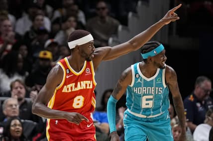 Oct 23, 2022; Atlanta, Georgia, USA; Atlanta Hawks guard Justin Holiday (8) reacts after a basket against the Charlotte Hornets during the second half at State Farm Arena. Mandatory Credit: Dale Zanine-USA TODAY Sports