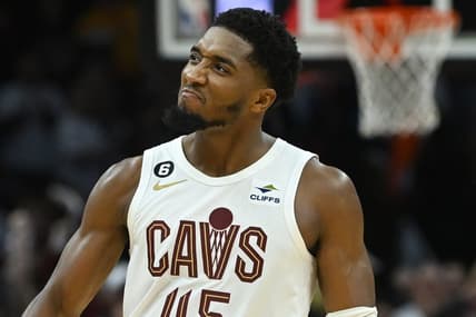 Oct 23, 2022; Cleveland, Ohio, USA; Cleveland Cavaliers guard Donovan Mitchell (45) reacts as time expires during overtime against the Washington Wizards at Rocket Mortgage FieldHouse. Mandatory Credit: Ken Blaze-USA TODAY Sports