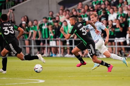 Oct 23, 2022; Austin, Texas, US; Austin FC forward Maximiliano Urruti (37) runs with the ball against FC Dallas during the second half of a conference semifinal of the Audi 2022 MLS Cup Playoffs at Q2 Stadium. Mandatory Credit: Scott Wachter-USA TODAY Sports