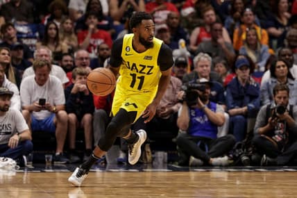 Oct 23, 2022; New Orleans, Louisiana, USA;  Utah Jazz guard Mike Conley (11) brings the ball up court against the New Orleans Pelicans during the second half at Smoothie King Center. Mandatory Credit: Stephen Lew-USA TODAY Sports