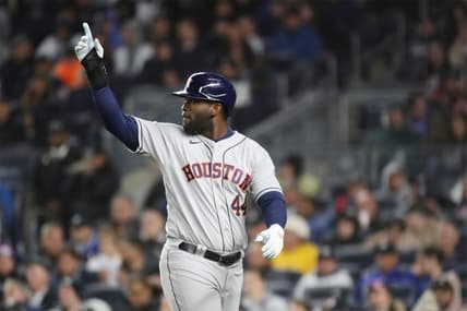 Oct 23, 2022; Bronx, New York, USA; Houston Astros designated hitter Yordan Alvarez (44) celebrates scoring a run in the third inning against the New York Yankees during game four of the ALCS for the 2022 MLB Playoffs at Yankee Stadium. Mandatory Credit: Wendell Cruz-USA TODAY Sports