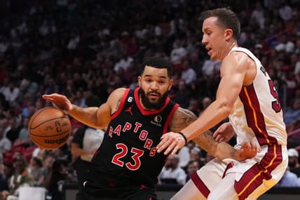 Oct 24, 2022; Miami, Florida, USA; Toronto Raptors guard Fred VanVleet (23) drives the ball around Miami Heat guard Duncan Robinson (55) during the first half at FTX Arena. Mandatory Credit: Jasen Vinlove-USA TODAY Sports