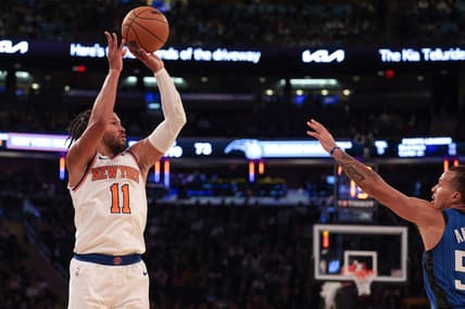 Oct 24, 2022; New York, New York, USA; New York Knicks guard Jalen Brunson (11) shoots the ball as Orlando Magic guard Cole Anthony (50) defends during the first half at Madison Square Garden. Mandatory Credit: Vincent Carchietta-USA TODAY Sports