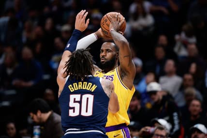 Oct 26, 2022; Denver, Colorado, USA; Los Angeles Lakers forward LeBron James (6) controls the ball as Denver Nuggets forward Aaron Gordon (50) guards in the first quarter at Ball Arena. Mandatory Credit: Isaiah J. Downing-USA TODAY Sports