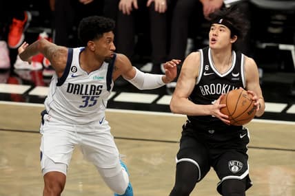Oct 27, 2022; Brooklyn, New York, USA; Brooklyn Nets forward Yuta Watanabe (18) controls the ball against Dallas Mavericks center Christian Wood (35) during the first quarter at Barclays Center. Mandatory Credit: Brad Penner-USA TODAY Sports