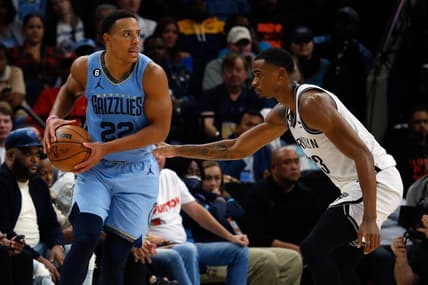 Oct 24, 2022; Memphis, Tennessee, USA; Memphis Grizzlies guard Desmond Bane (22) and Brooklyn Nets forward Nic Claxton (33) during the second half at FedExForum. Mandatory Credit: Petre Thomas-USA TODAY Sports