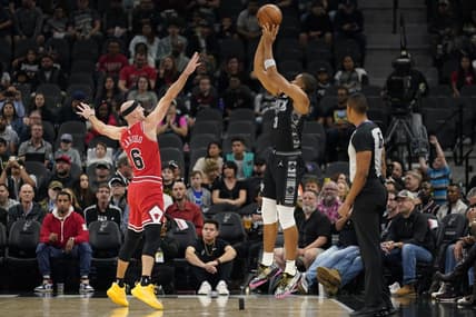 Oct 28, 2022; San Antonio, Texas, USA; San Antonio Spurs forward Keldon Johnson (3) shoots over Chicago Bulls guard Alex Caruso (6) during the first half at AT&T Center. Mandatory Credit: Scott Wachter-USA TODAY Sports