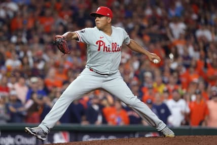 Oct 28, 2022; Houston, Texas, USA; Philadelphia Phillies relief pitcher Ranger Suarez (55) throws a pitch against the Houston Astros during the seventh inning in game one of the 2022 World Series at Minute Maid Park. Mandatory Credit: Troy Taormina-USA TODAY Sports