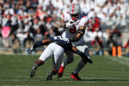 Oct 29, 2022; University Park, Pennsylvania, USA; Ohio State Buckeyes tight end Cade Stover (8) runs with the ball during the first quarter against the Penn State Nittany Lions at Beaver Stadium. Mandatory Credit: Matthew OHaren-USA TODAY Sports