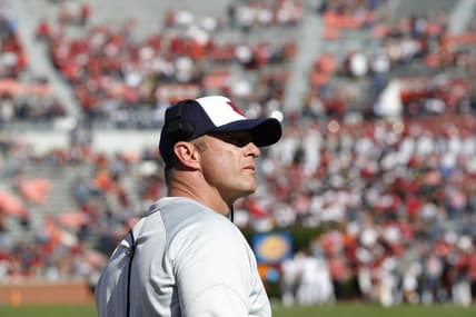 Oct 29, 2022; Auburn, Alabama, USA;  Auburn Tigers head coach Bryan Harsin looks at the scoreboard during the fourth quarter in Jordan-Hare Stadium.  The Tigers lost to the Arkansas Razorbacks 41-27. Mandatory Credit: John Reed-USA TODAY Sports