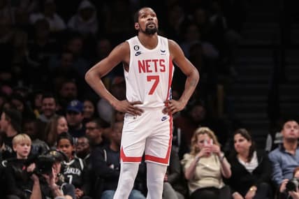 Oct 29, 2022; Brooklyn, New York, USA;  Brooklyn Nets forward Kevin Durant (7) looks up at the scoreboard in the fourth quarter against the Indiana Pacers at Barclays Center. Mandatory Credit: Wendell Cruz-USA TODAY Sports