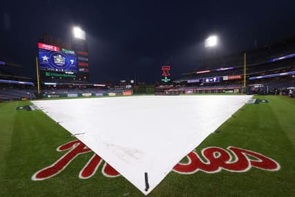 Oct 31, 2022; Philadelphia, PA, USA; The rain tarp on the field before game three of the 2022 World Series between the Philadelphia Phillies and the Houston Astros at Citizens Bank Park. Mandatory Credit: Bill Streicher-USA TODAY Sports