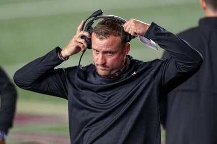 Sep 26, 2020; Chestnut Hill, Massachusetts, USA; Texas State Bobcats head coach Jake Spavital reacts during the second half against the Boston College Eagles at Alumni Stadium. Mandatory Credit: Paul Rutherford-USA TODAY Sports