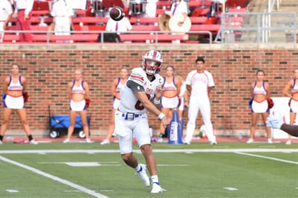 SMU quarterback Tanner Mordecai (8) lets go of a pass during Saturday's game against ACU at Gerald J. Ford Stadium in Dallas on Sept. 4, 2021. Mordecai threw an SMU-record seven touchdowns as the Mustangs won 56-9.

Hof 7364 2
