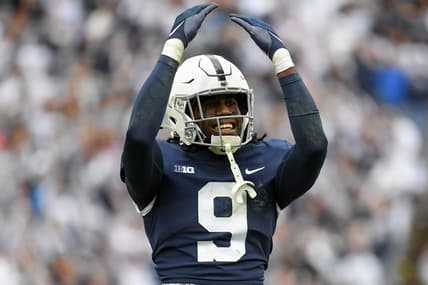 Oct 23, 2021; University Park, Pennsylvania, USA; Penn State Nittany Lions cornerback Joey Porter Jr. (9) gestures to the crowd against the Illinois Fighting Illini during the second half at Beaver Stadium. Mandatory Credit: Rich Barnes-USA TODAY Sports