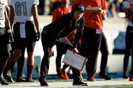 Nov 26, 2021; Colorado Springs, Colorado, USA; UNLV Rebels head coach Marcus Arroyo looks on in the third quarter against the Air Force Falcons at Falcon Stadium. Mandatory Credit: Isaiah J. Downing-USA TODAY Sports