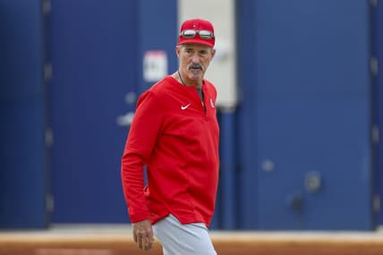 Mar 15, 2022; Jupiter, FL, USA; St. Louis Cardinals pitching coach Mike Maddux (35) walks toward the field during a spring training workout at Roger Dean Chevrolet stadium. Mandatory Credit: Sam Navarro-USA TODAY Sports