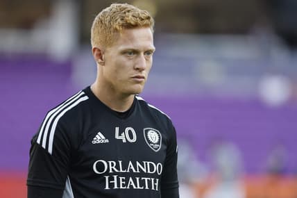 May 28, 2022; Orlando, Florida, USA;Orlando City SC goalkeeper Adam Grinwis (40)  warms up before a match against FC Dallas at Exploria Stadium. Mandatory Credit: Kim Klement-USA TODAY Sports