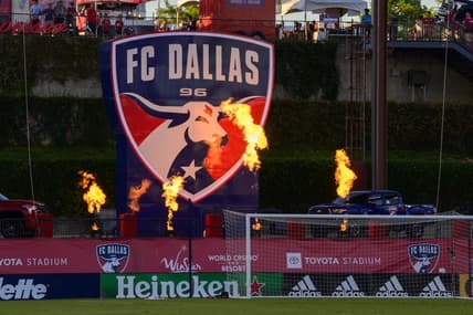 Jul 4, 2022; Frisco, Texas, USA; A view of the FC Dallas logo and flames before the game between FC Dallas and Inter Miami at Toyota Stadium. Mandatory Credit: Jerome Miron-USA TODAY Sports
