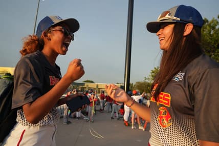 Riley Wilson, 14, left, and Laney Fukuoka, 15, California teammates on the Hurricanes share a laugh during the opening ceremony for Baseball for All, an organization focused on giving girls an opportunity to play baseball, at Hohokam Stadium in Mesa, Ariz. on Wednesday, July 20, 2022.

Baseball For All 17