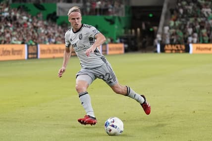 Aug 6, 2022; Austin, Texas, USA;  Austin FC midfielder Felipe Martins (22) dribbles the ball during the second half against Austin FC at Q2 Stadium. Mandatory Credit: Scott Wachter-USA TODAY Sports