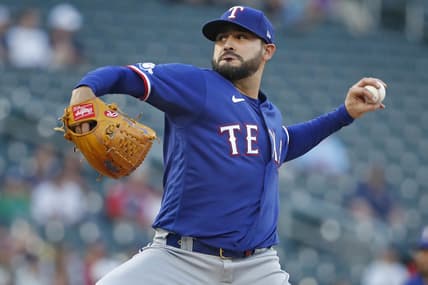 Aug 19, 2022; Minneapolis, Minnesota, USA; Texas Rangers starting pitcher Martin Perez (54) throws to the Minnesota Twins in the first inning at Target Field. Mandatory Credit: Bruce Kluckhohn-USA TODAY Sports