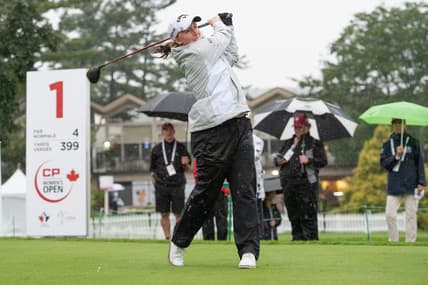 Aug 26, 2022; Ottawa, Ontario, CAN; Gemma Dryburgh from Scotland tees off during the second round of the CP Women's Open golf tournament. Mandatory Credit: Marc DesRosiers-USA TODAY Sports