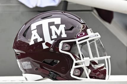 Sep 3, 2022; College Station, Texas, USA;  Texas A&M Aggies helmet on the sideline during the second half against the Sam Houston State Bearkats at Kyle Field. Mandatory Credit: Maria Lysaker-USA TODAY Sports