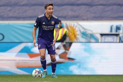 Oct 2, 2022; Harrison, New Jersey, USA; Orlando City SC midfielder Mauricio Pereyra (10) controls the ball against New York City FC during the first half at Red Bull Arena. Mandatory Credit: Vincent Carchietta-USA TODAY Sports