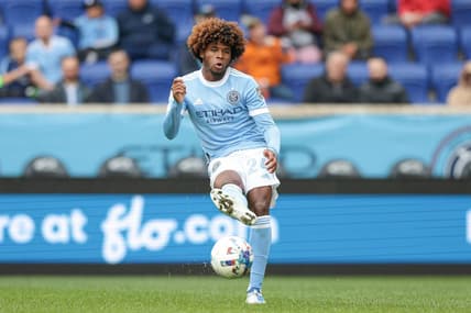 Oct 2, 2022; Harrison, New Jersey, USA; New York City FC defender Tayvon Gray (24) passes the ball against Orlando City SC during the first half at Red Bull Arena. Mandatory Credit: Vincent Carchietta-USA TODAY Sports