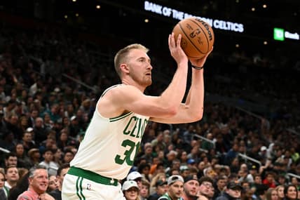 Oct 5, 2022; Boston, Massachusetts, USA; Boston Celtics forward Sam Hauser (30) attempts a three-point basket Toronto Raptors during the second half at the TD Garden. Mandatory Credit: Brian Fluharty-USA TODAY Sports