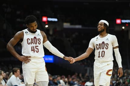 Oct 12, 2022; Cleveland, Ohio, USA; Cleveland Cavaliers guard Donovan Mitchell (45) and guard Darius Garland (10) shake hands after a play during the second half against the Atlanta Hawks at Rocket Mortgage FieldHouse. Mandatory Credit: Ken Blaze-USA TODAY Sports