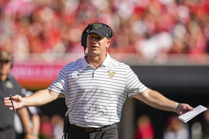 Oct 15, 2022; Athens, Georgia, USA; Vanderbilt Commodores head coach Clark Lea reacts on the sideline against the Georgia Bulldogs at Sanford Stadium. Mandatory Credit: Dale Zanine-USA TODAY Sports