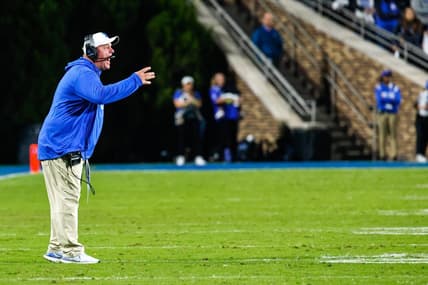 Oct 15, 2022; Durham, North Carolina, USA; Duke Blue Devils head coach Mike Elko during the second half at Wallace Wade Stadium. Mandatory Credit: Jaylynn Nash-USA TODAY Sports