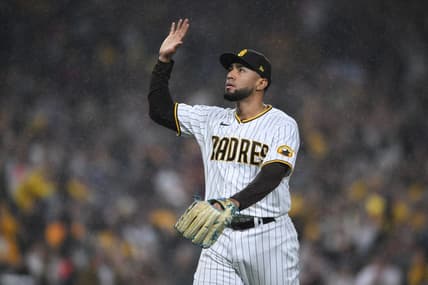 Oct 15, 2022; San Diego, California, USA;San Diego Padres relief pitcher Robert Suarez (75) celebrates a a strike out in the eighth inning against the Los Angeles Dodgers during game four of the NLDS for the 2022 MLB Playoffs at Petco Park. Mandatory Credit: Orlando Ramirez-USA TODAY Sports