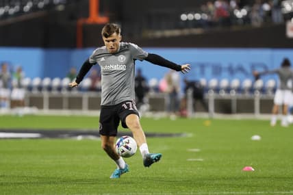 Oct 17, 2022; Queens, New York, USA; Inter Miami CF midfielder Indiana Vassilev (17) warms up before a MLS Eastern Conference quarterfinal match between New York City FC and Inter Miami CF at Citi Field. Mandatory Credit: Tom Horak-USA TODAY Sports