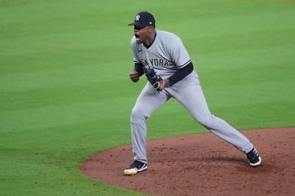 Oct 20, 2022; Houston, Texas, USA; New York Yankees starting pitcher Luis Severino (40) reacts after a strikeout to end the fifth inning against the Houston Astros in game two of the ALCS for the 2022 MLB Playoffs at Minute Maid Park. Mandatory Credit: Erik Williams-USA TODAY Sports