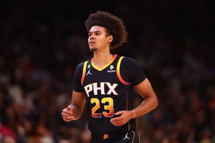 Oct 19, 2022; Phoenix, Arizona, USA; Phoenix Suns forward Cameron Johnson (23) against the Dallas Mavericks at Footprint Center. Mandatory Credit: Mark J. Rebilas-USA TODAY Sports